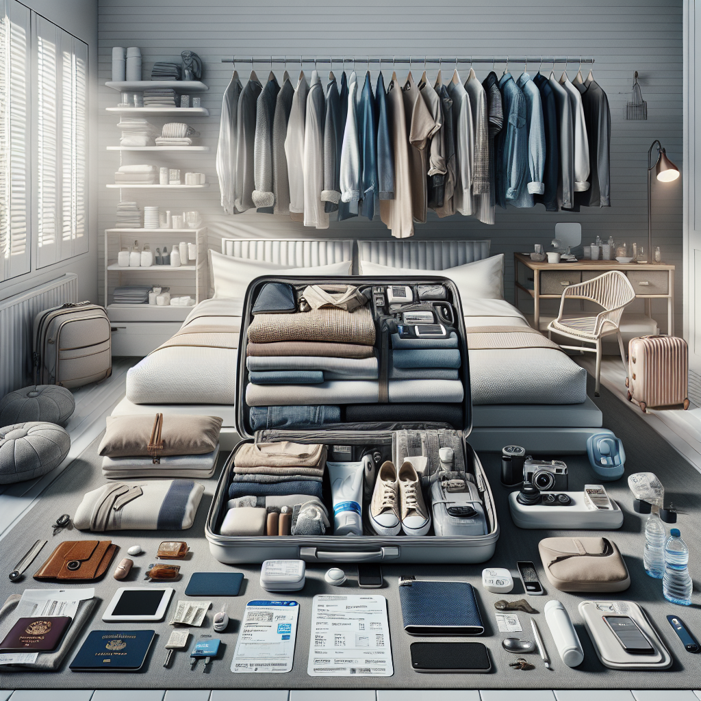 A visual timeline or planner showing tasks 1-2 weeks and 3-7 days before departure, including icons for passport, booking flights and hotels, insurance, banking, home care, packing pharmacy kit, laundry, apps, and electronics.