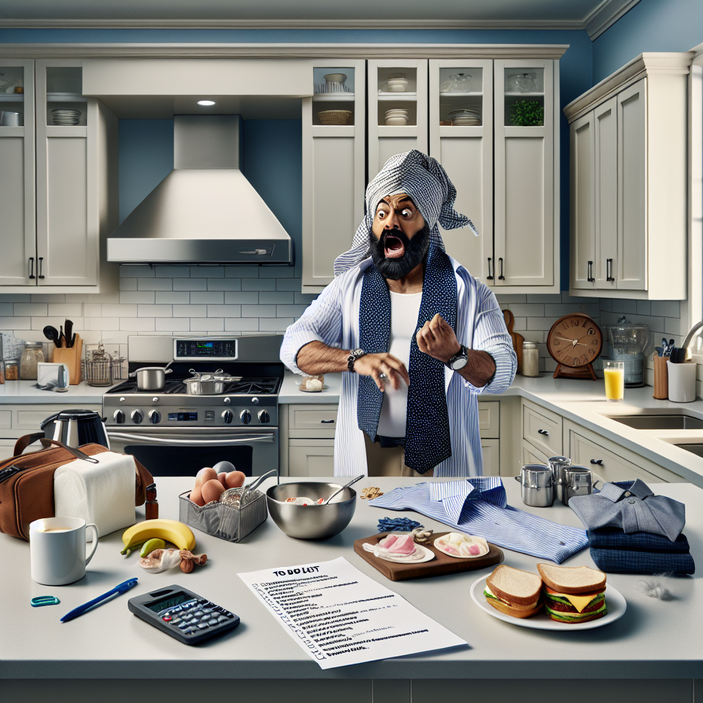 Person preparing clothes and breakfast items the night before, with a checklist or to-do list visible