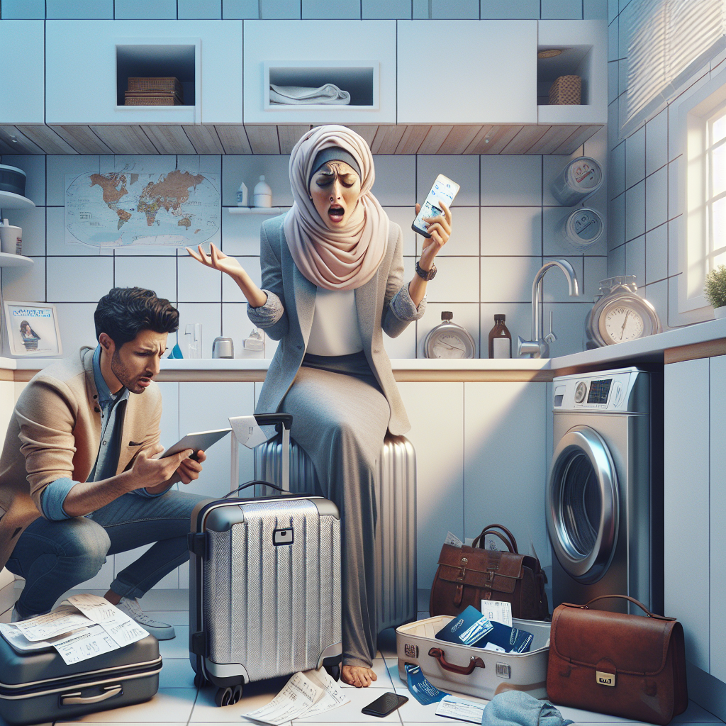 Scene depicting the day of departure with a traveler checking their luggage, holding essential items like passport, tickets, phone, and confirming transport to the airport, plus using a flight tracking app and informing a loved one of their itinerary.