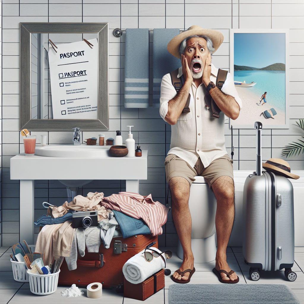 A detailed packing layout of travel essentials including passport, boarding passes, clothes layered for weather, toiletries, electronic devices with chargers, travel pillow, water bottle, and a travel document organizer.