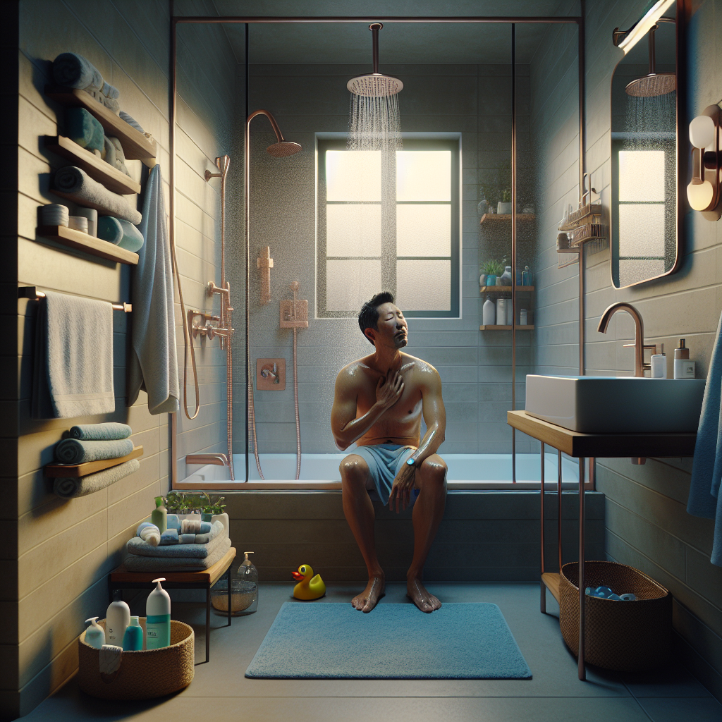 Evening shower scene with a person relaxing in a cozy bathroom setting, suggesting winding down before bed